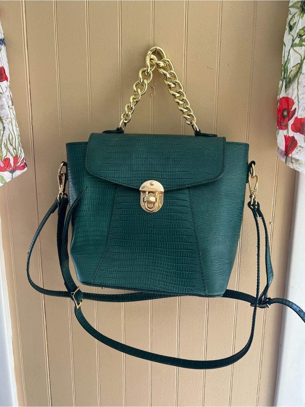 Dark Green Faux Croc Shoulder Bag with Gold Chain Accent